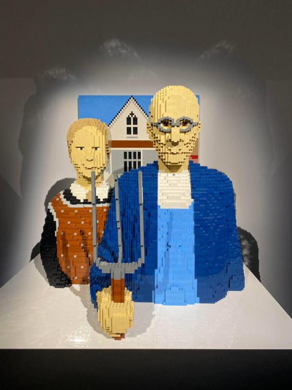 Lego artist Nathan Sawaya’s depiction of Grant Wood’s classic “American Gothic” painting, now in display in Raleigh