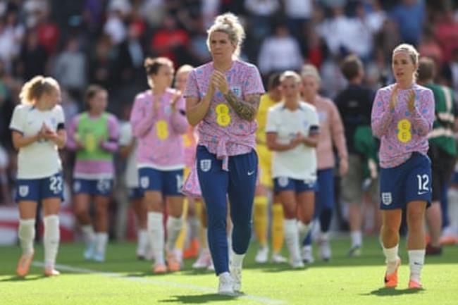 Millie Bright applauds the England fans at Stadium MK after the friendly draw with Portugal in July.